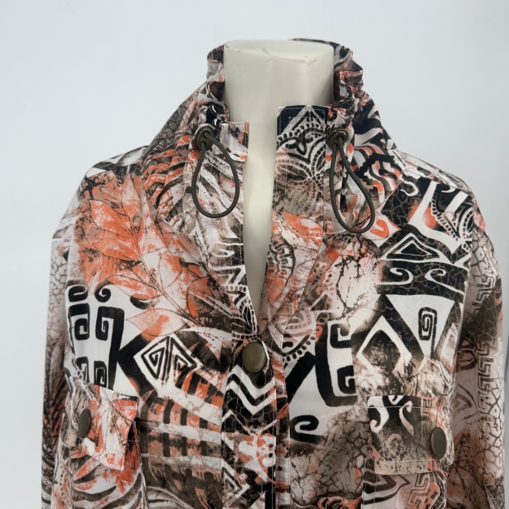 Chicos Tribal Tropical Print Button Front Shirt Drawstring Neck Size 3 XL